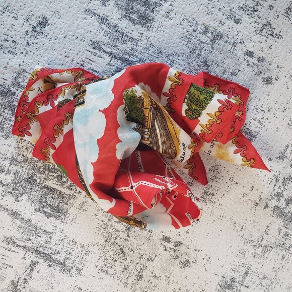 Vintage Red Gold Scarf Made in Italy Eiffel Tower Arc de Triumph Moulin Rouge - Picture 13 of 13